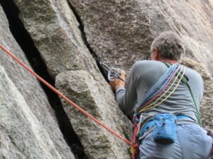 Testing soft goods: Knotless Swami, Seamless runners, and re-slung cams at Cathedral Ledge, New Hampshire.